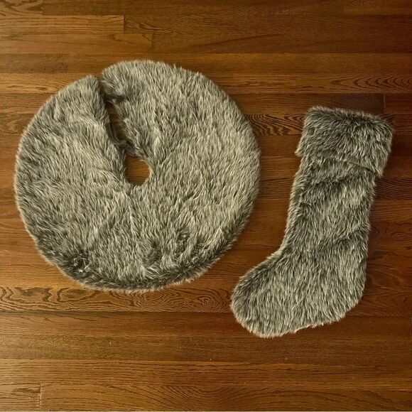 Nordstrom Christmas stocking and 24” tree skirt gray fur - Picture 1 of 8
